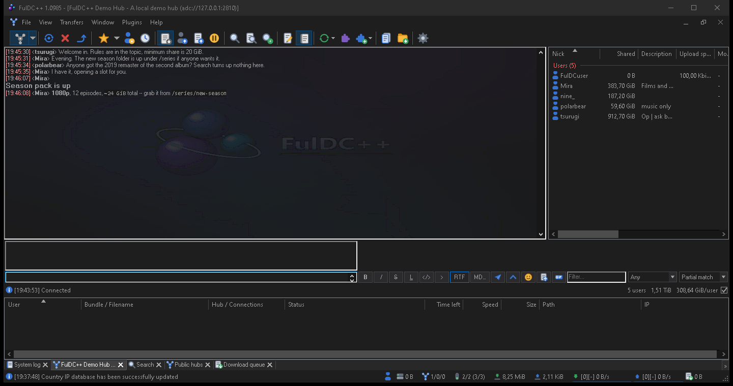 The FulDC++ main window with the toolbar, a hub tab, the transfer pane and the status bar.