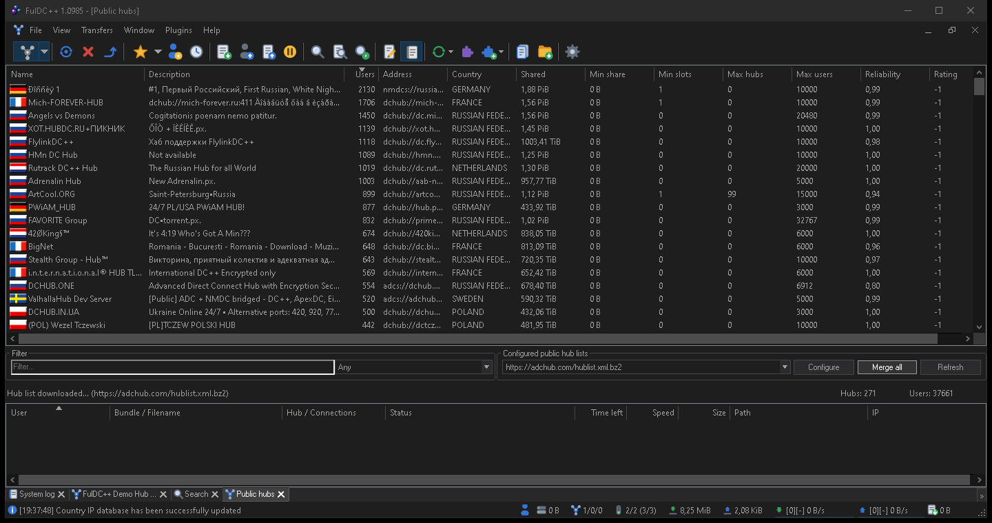 The FulDC++ Public Hubs window listing hubs with a filter box.