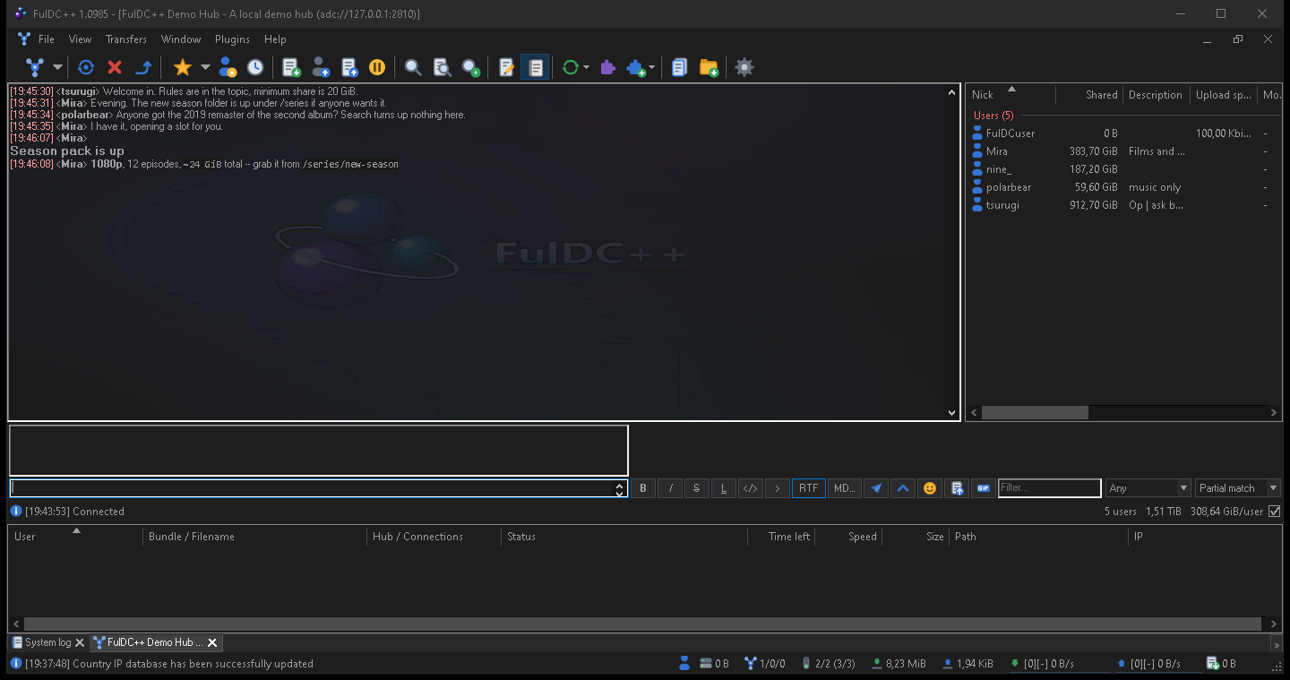 A FulDC++ hub chat showing a formatted rich text message with a heading and a list.