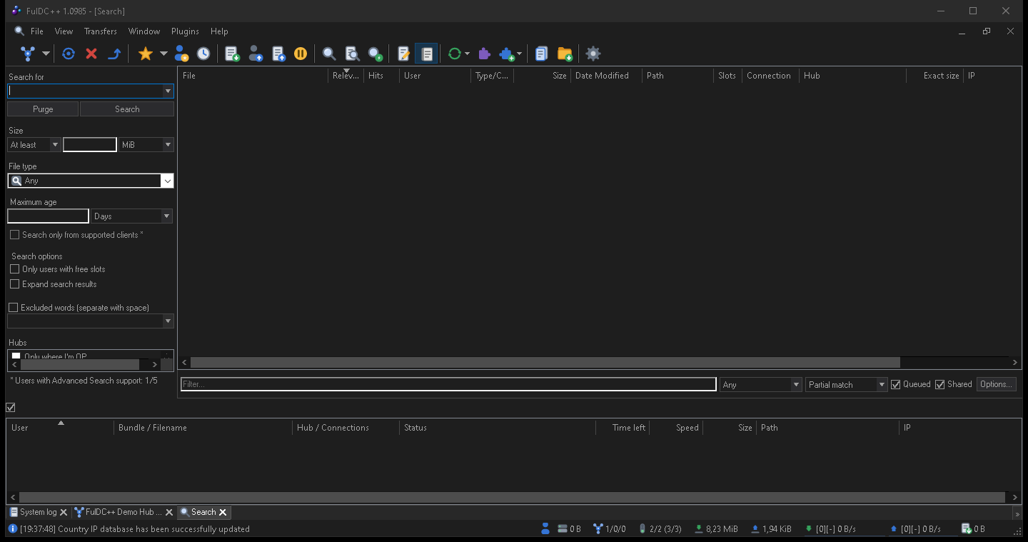 The FulDC++ search window with the filter panel on the left and the results grid.