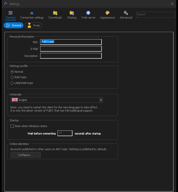 The FulDC++ settings dialog showing the category ribbon and page chips.