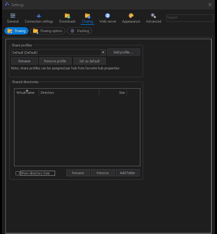 The FulDC++ sharing settings page listing shared folders and profiles.