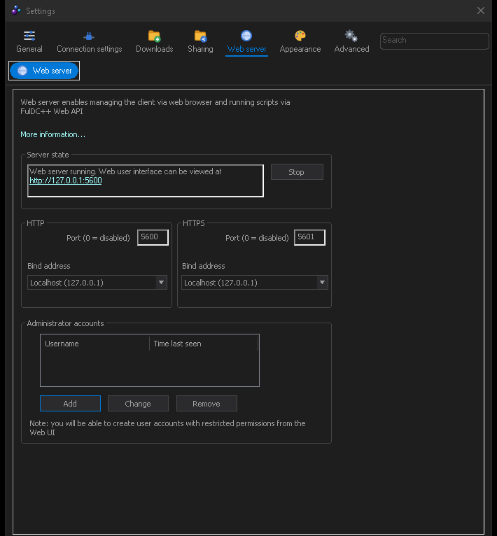 The FulDC++ web server settings page with ports and the user account list.