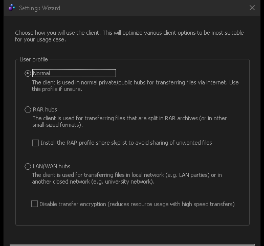 The user profile page of the FulDC++ setup wizard, offering Normal, RAR hubs and LAN.